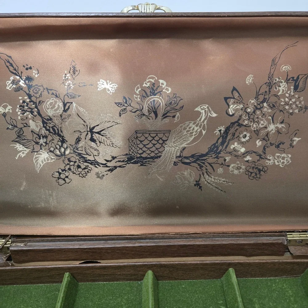 Vintage Large Jewelry Box Chest Faux Wood Grain Green Velvet Lining 3-Tier